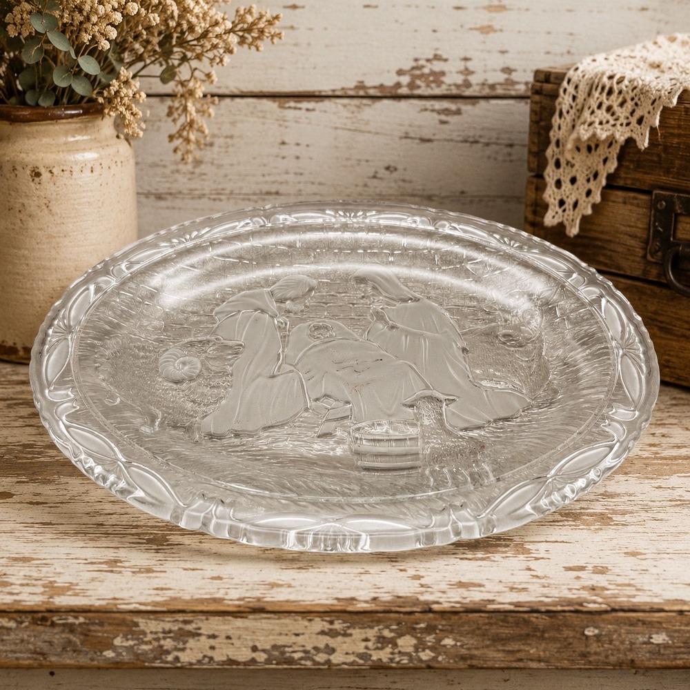 Frosted Glass Nativity Scene Platter Christmas Oval Serving Tray‎ Clear 13 Inch